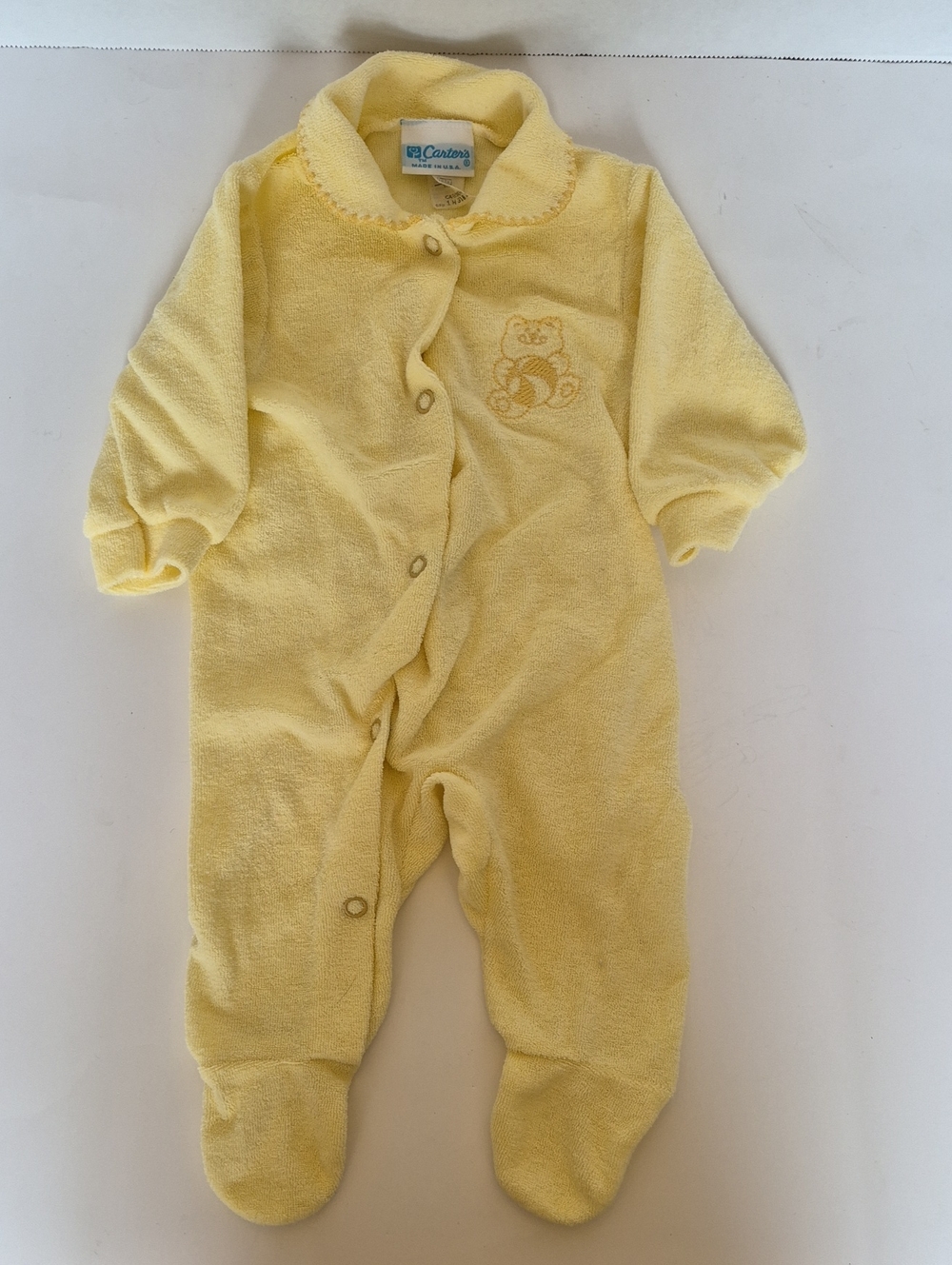 Carter's Pale Yellow Terry Newborn Footed One-Piece with Bear Embroidery